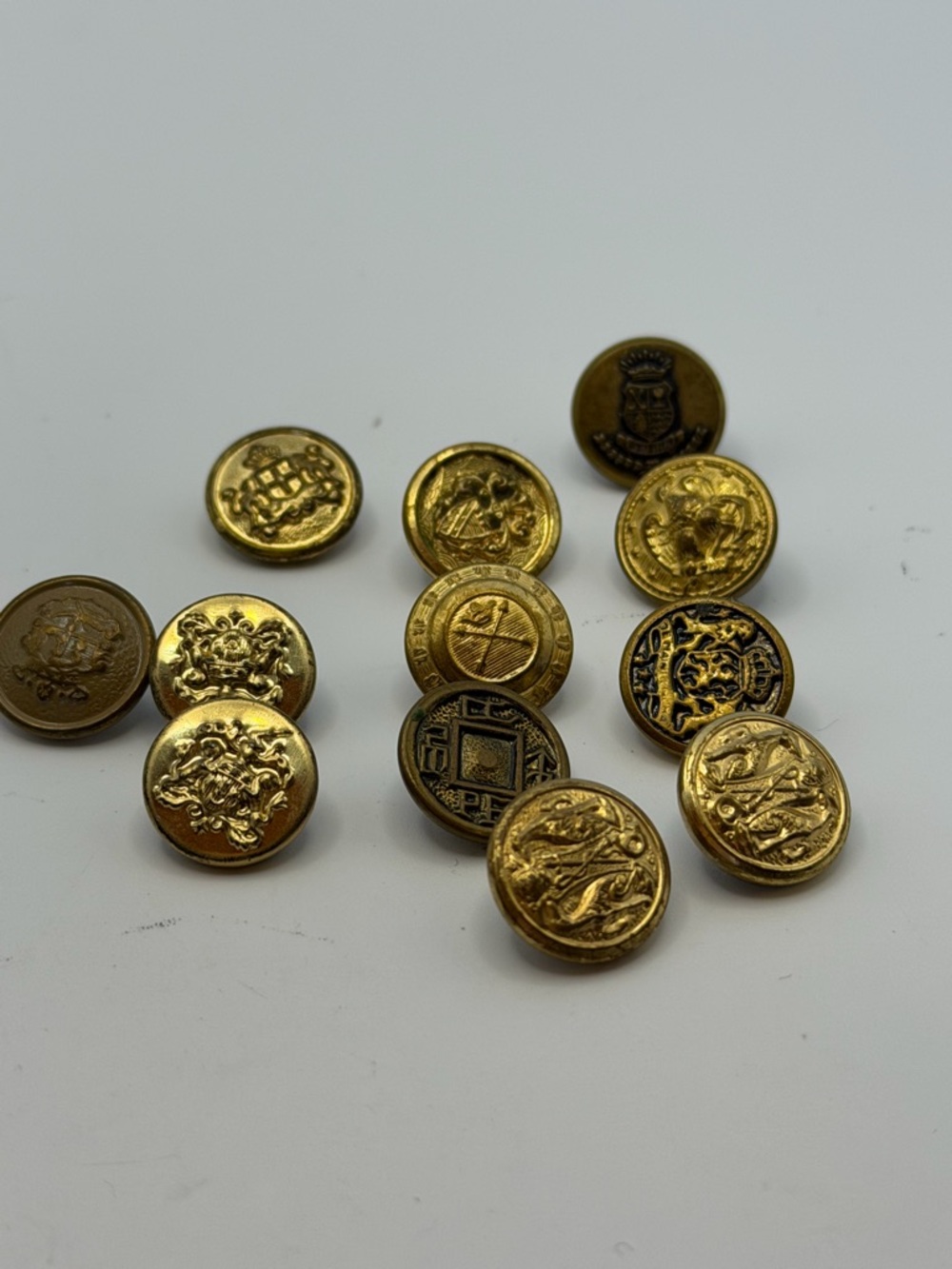 12 Rare Antique Gold Brass Military Collectable 1800 Buttons- almost a STEAL.